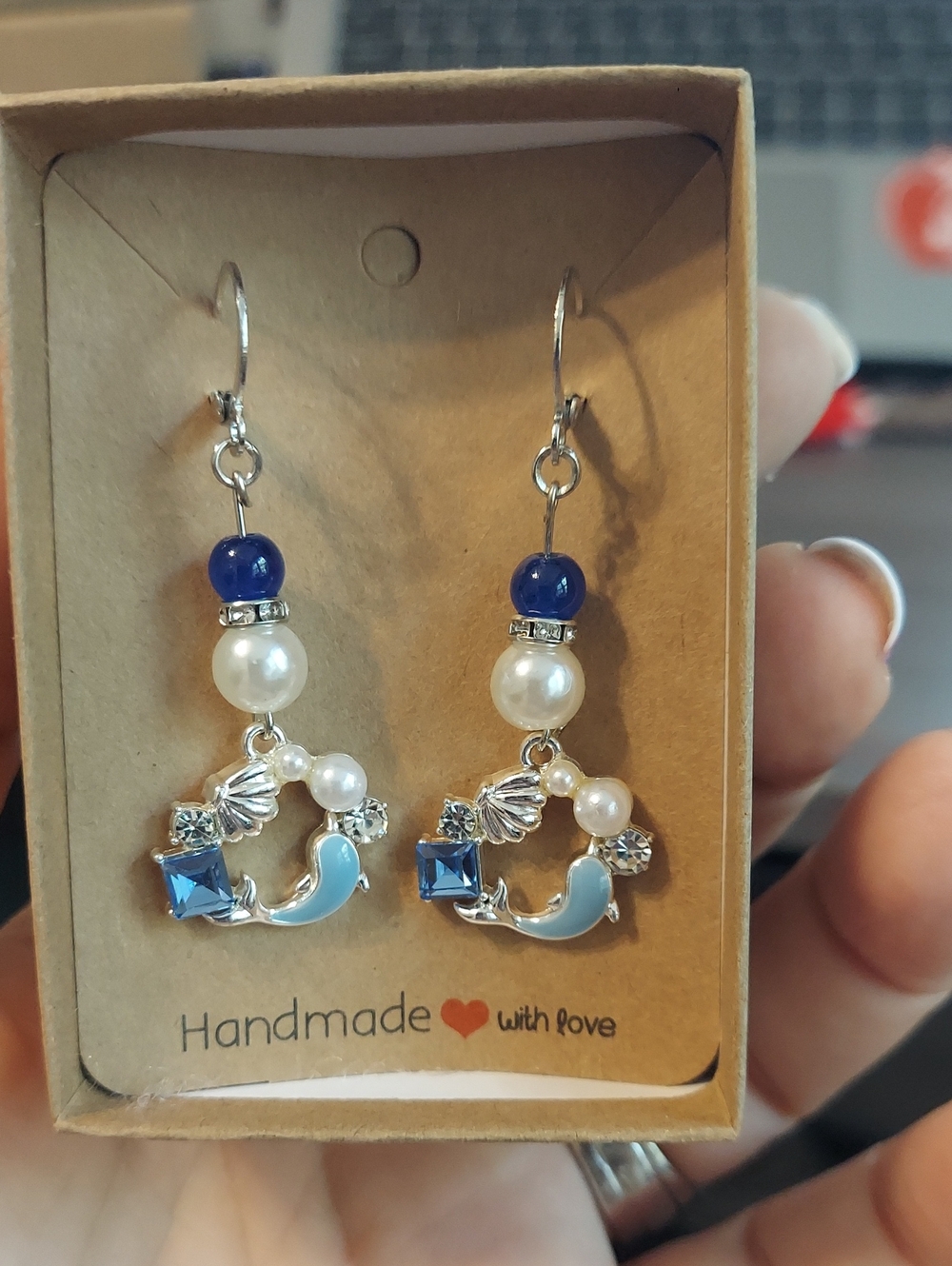 Handmade Blue & Pearl Dolphin Drop Earrings